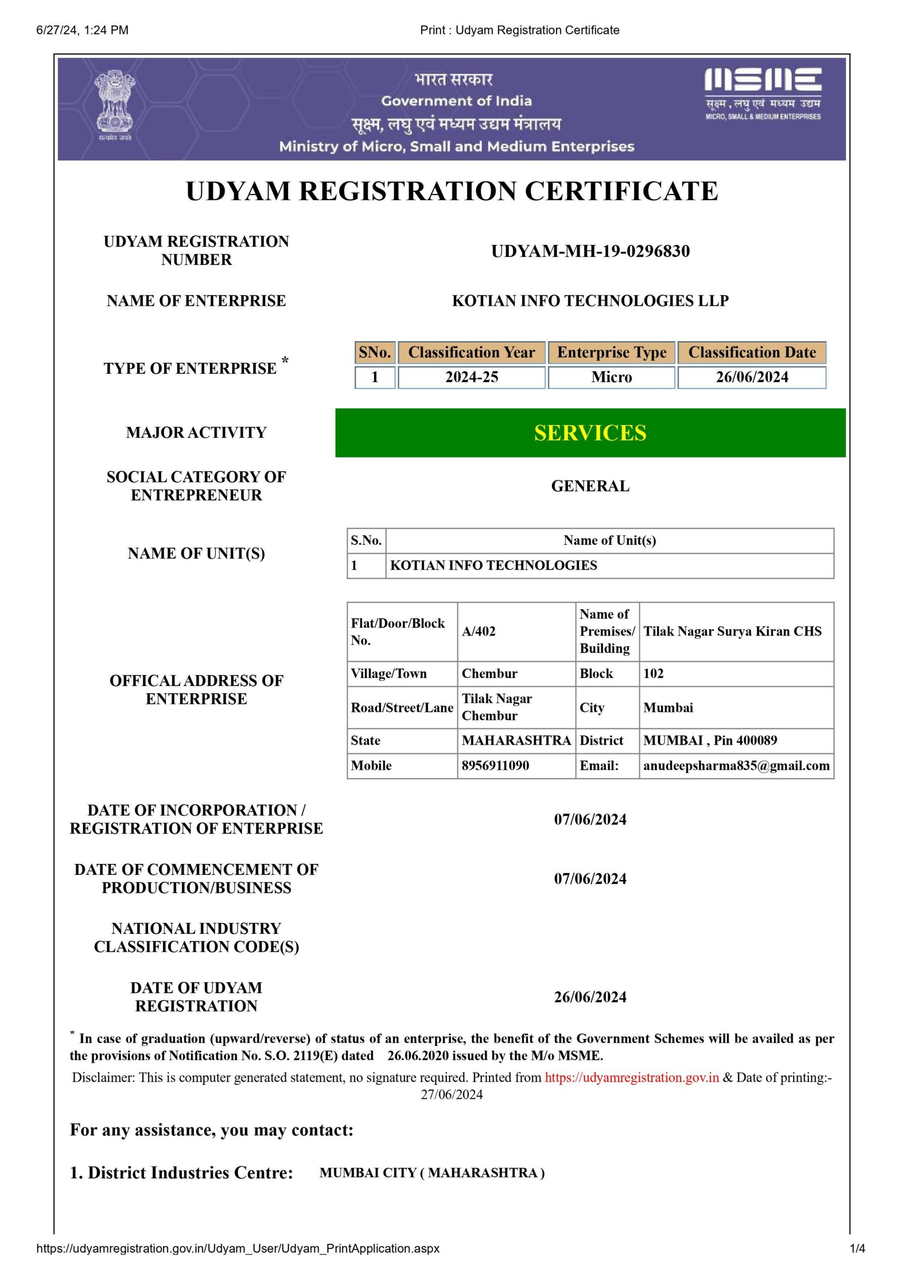 UDYAM REGISTRATION CERTIFICATE